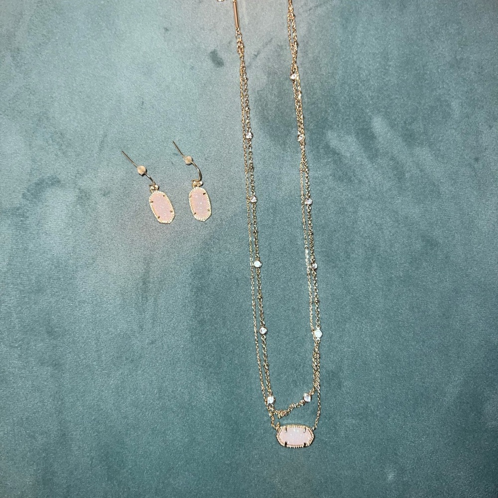 Kendra Scott Iridescent Double Necklace And Lee Gold Drop Earrings